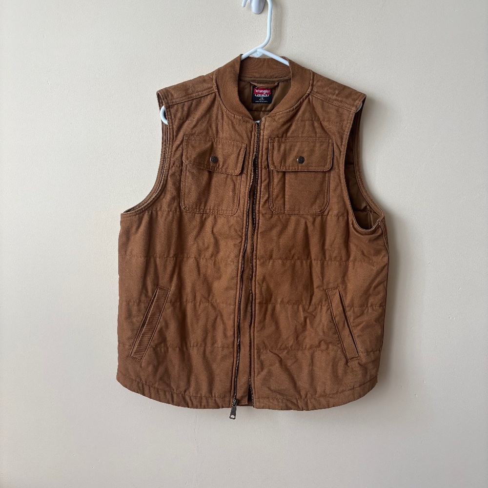 Wrangler Workwear Vest Mens Large Brown Duck Canvas Quilted Lined Utility